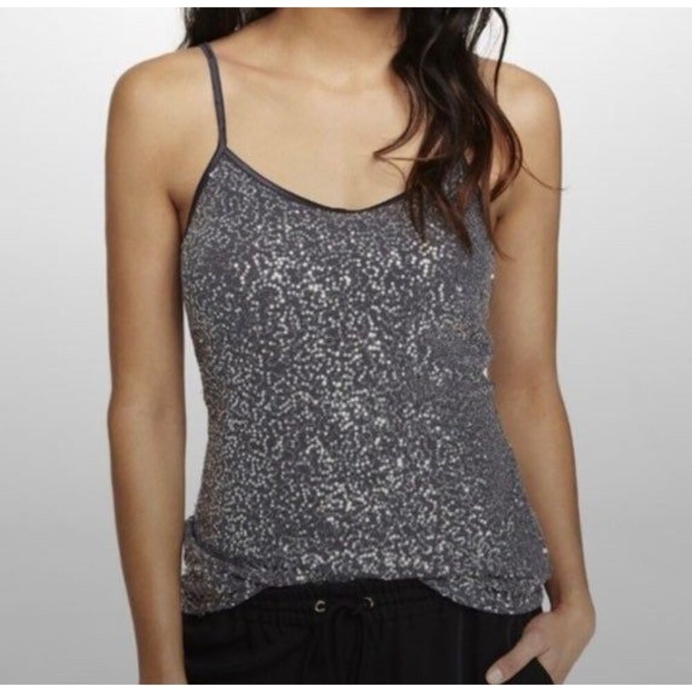 Express Gray Silver Sequin Metallic Cami Tank Top Sz L Party Y2K Clubwear Glam